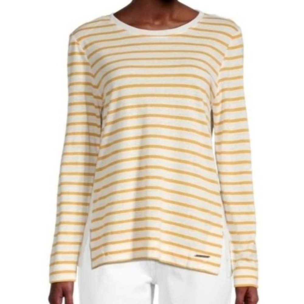 Donna Karan New York Striped Rounded Neck Long Sleeve Top Shirt